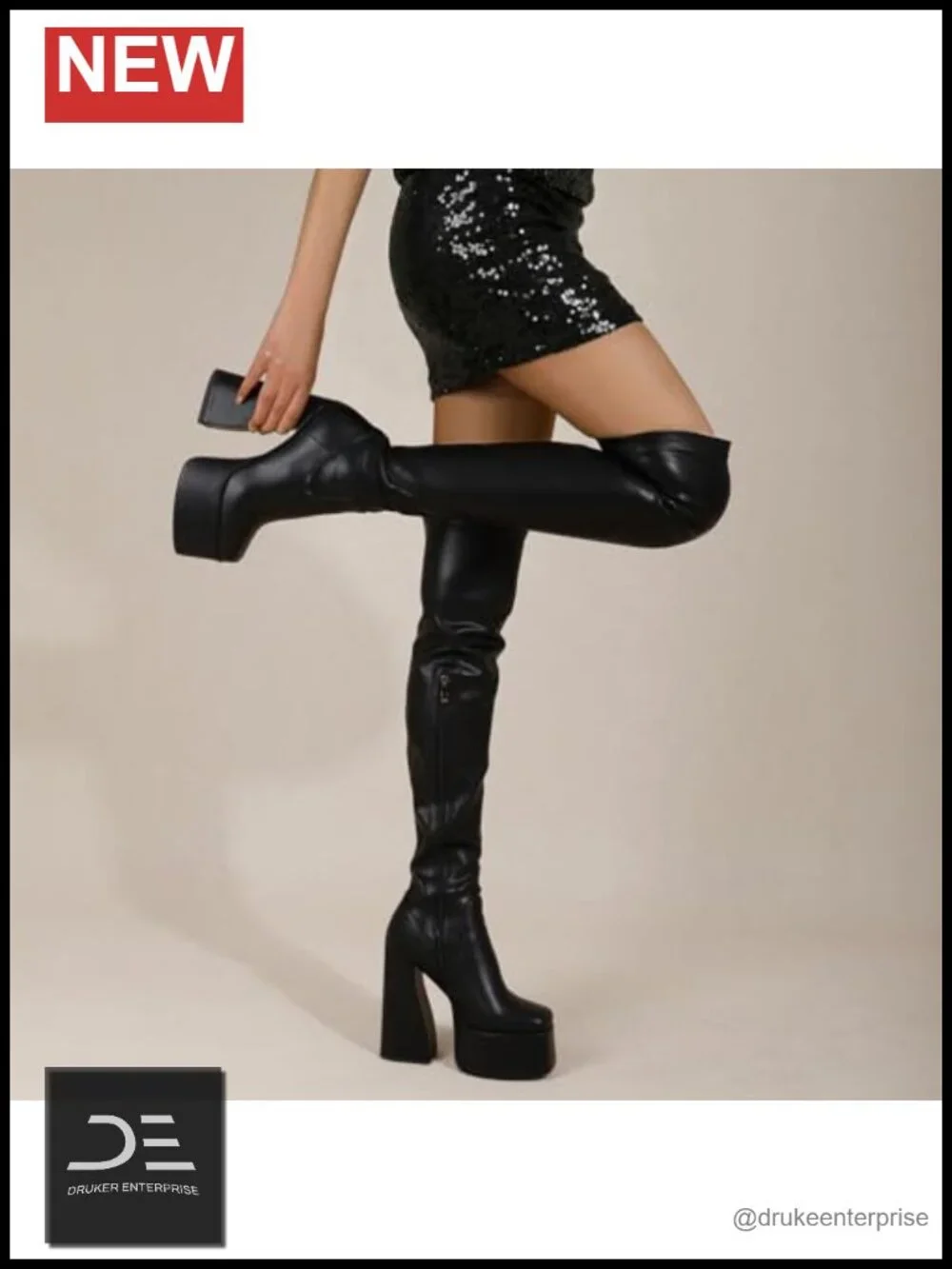 Thigh High Platform Boots Women Chunky Heel Over Knee Stretch PU Leather Square